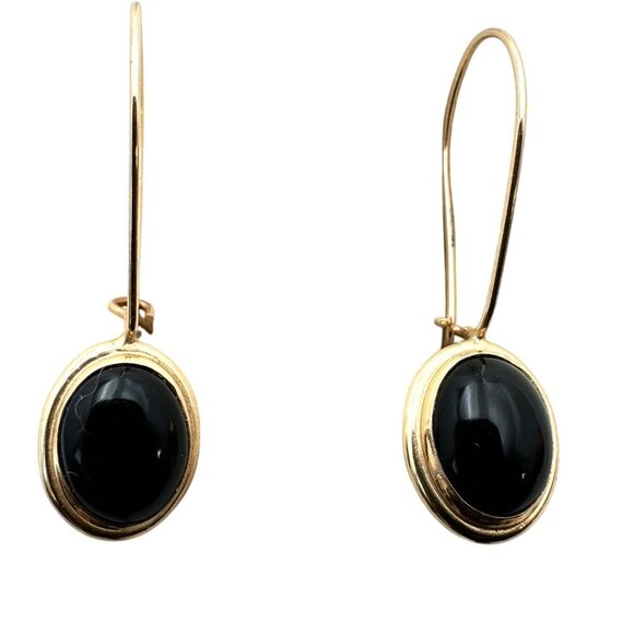 14K Yellow Gold Women's Earrings Reversible Black Green Drop Pierced 3.8 Grams - Picture 3 of 4